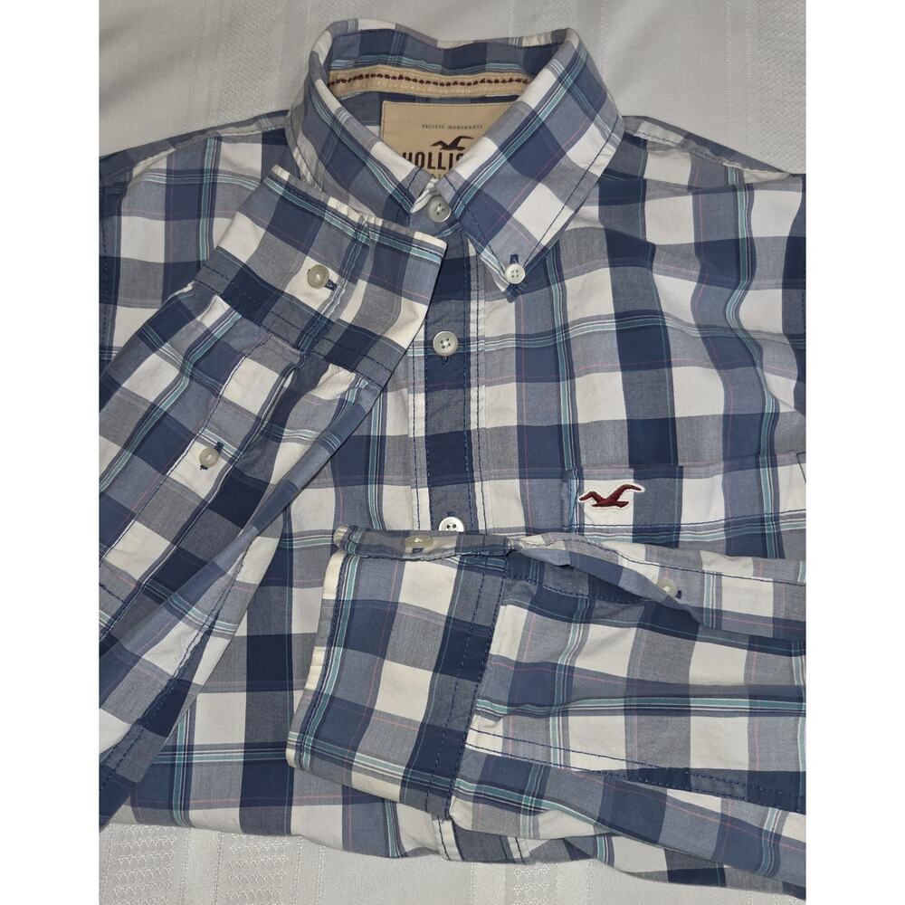 Hollister Blue White Cotton Plaid Shirt Mens XL Red Bird Long Sleeves